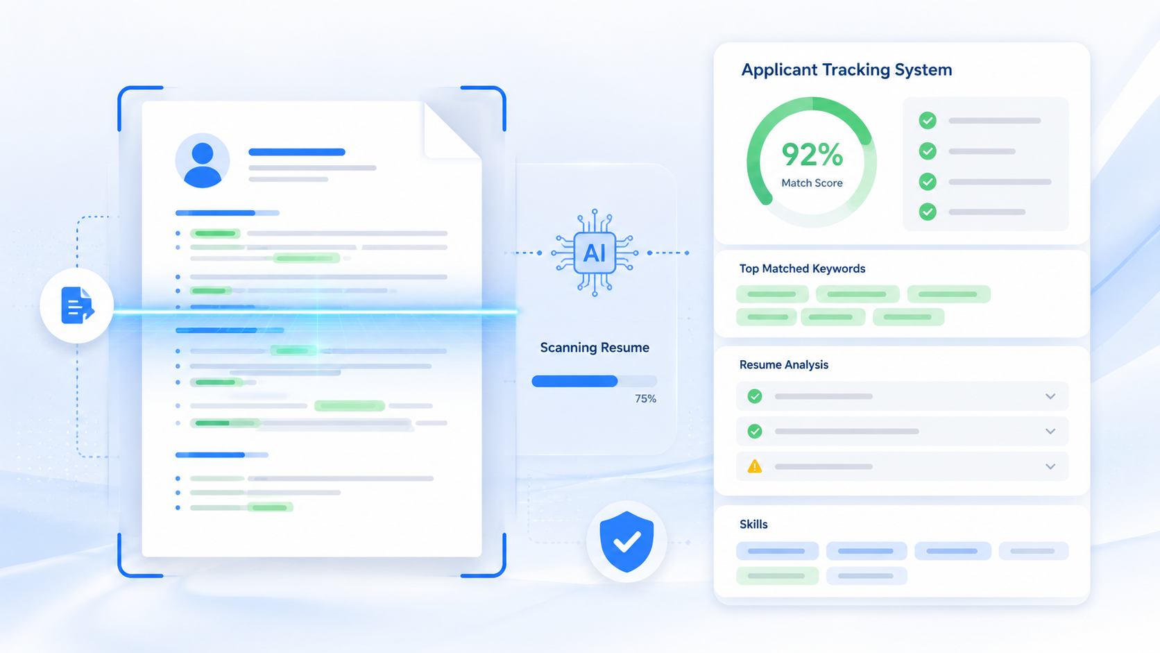 ATS resume scanning interface with match score and keyword checks