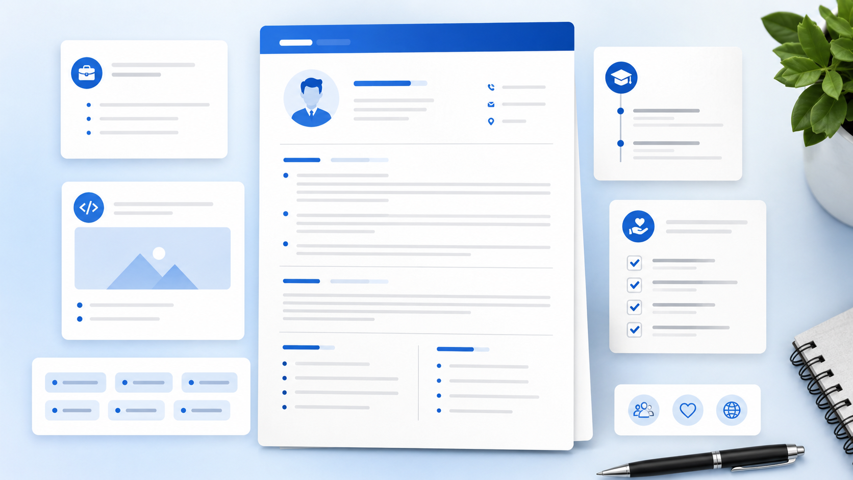 Resume builder layout with education, projects, and skills cards