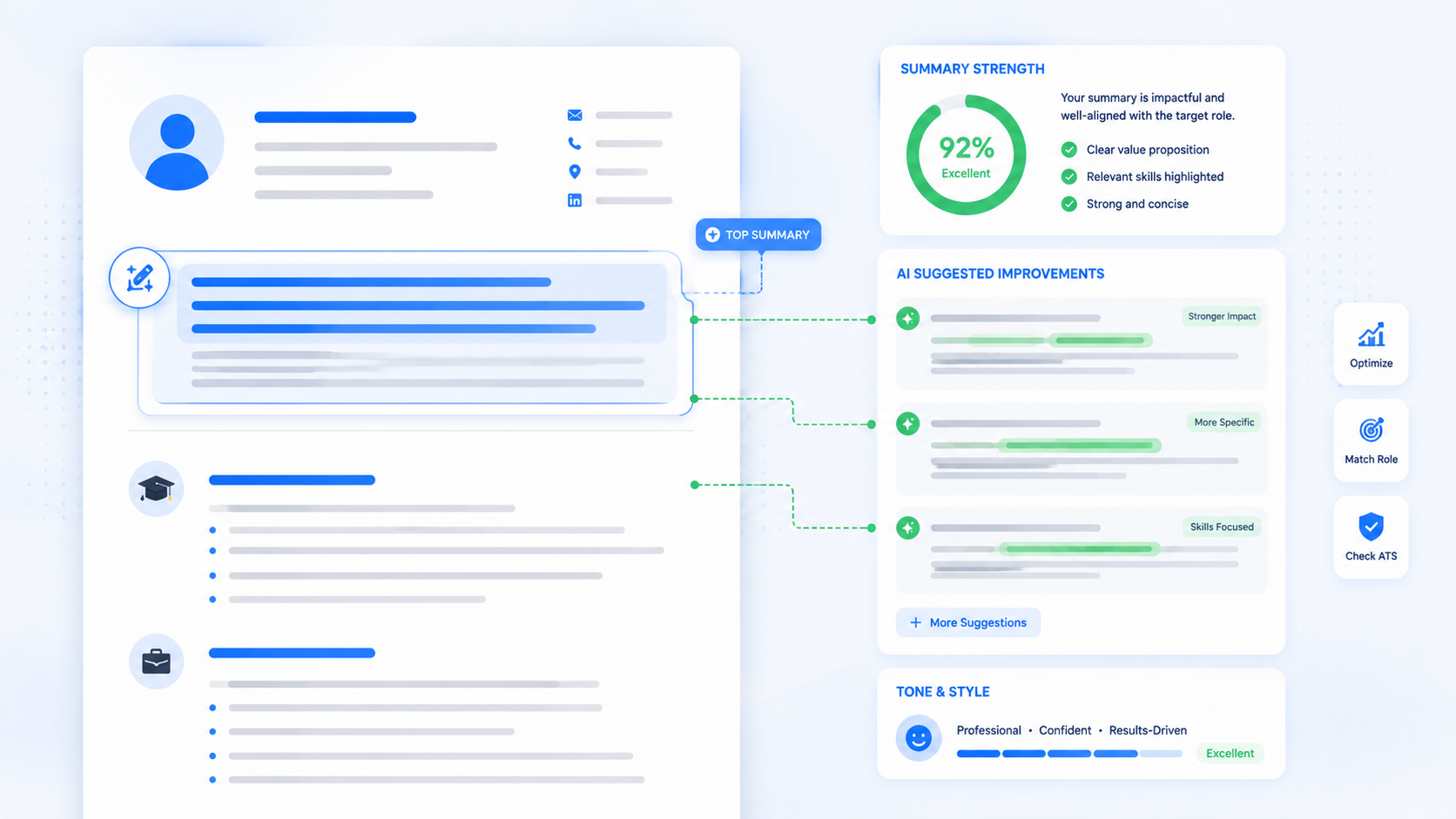 Resume summary section with AI suggestions and strength score